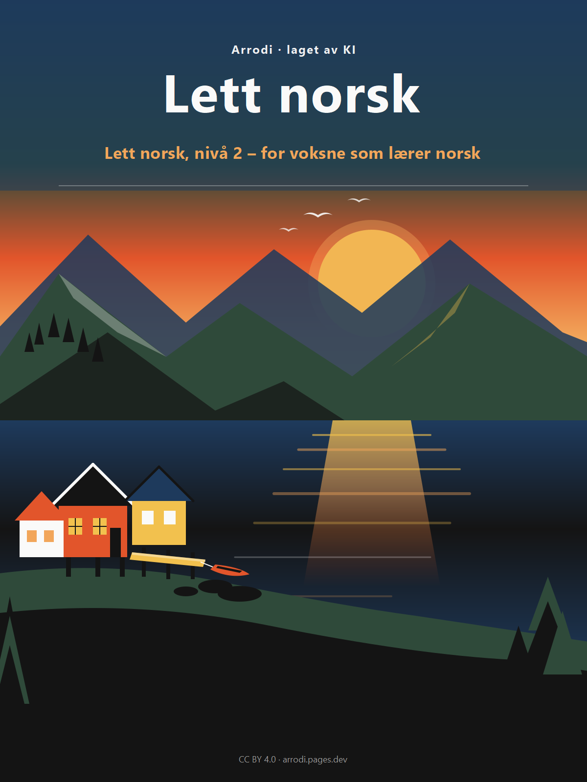 Illustration made by AI: A flat vector dawn landscape with morning light rising over a Norwegian fjord, coastal mountains, wooden hotel rorbuer on stilts with glowing windows, and pines framing the water, with the title Lett norsk, the subtitle Lett norsk, nivå 2 – for voksne som lærer norsk, and Arrodi · laget av KI
